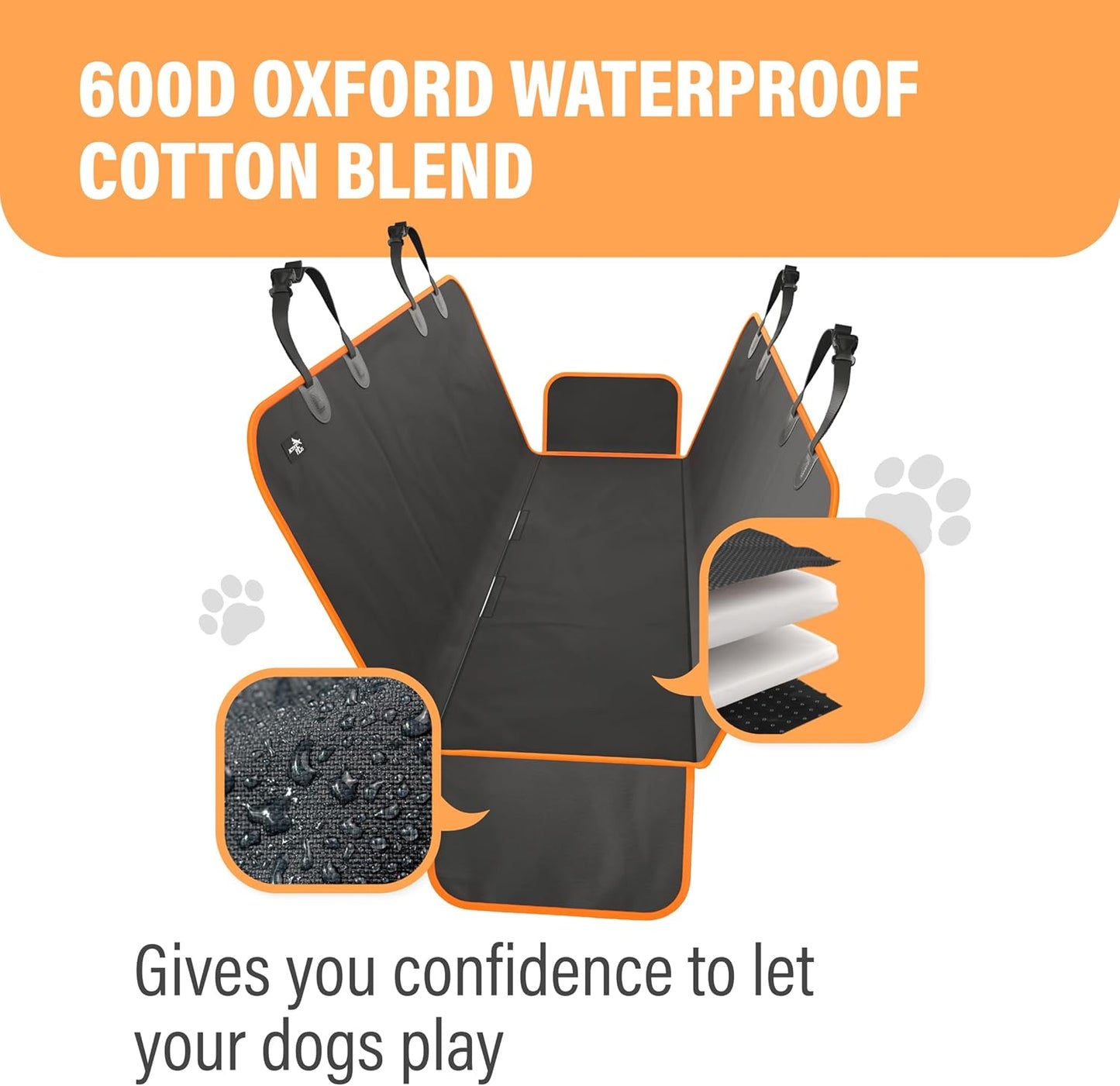 XL Waterproof Hammock Large Car Seat Cover, Fits Suvs Trucks Big Sedans, Secure Convertible Travel Bed Protects Backseat Cargo from Dog Puppy Pet Water Food Drool Urine, Black Orange Trim