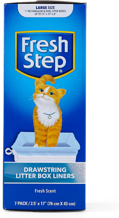 Drawstring Cat Litter Box Liners, Fresh Scent - Kitty Litter Bags for Rectangle or Oval Large Litterboxes, Size Large, 30" X 17" - 7 Count