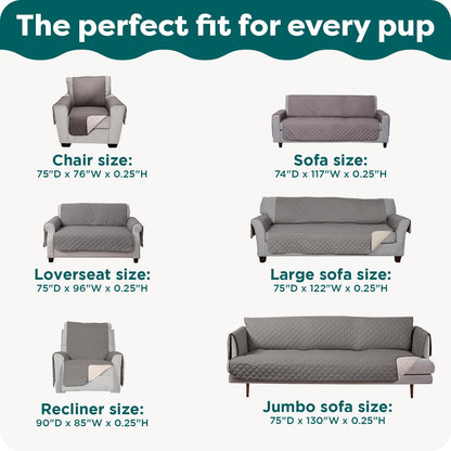 Water-Resistant Sofa Cover for Dogs & Cats, Reversible Couch Protector with Secure Straps and Pinsonic Quilted Fabric, Machine Washable Couch Cover, Large Sofa, Gray Mist